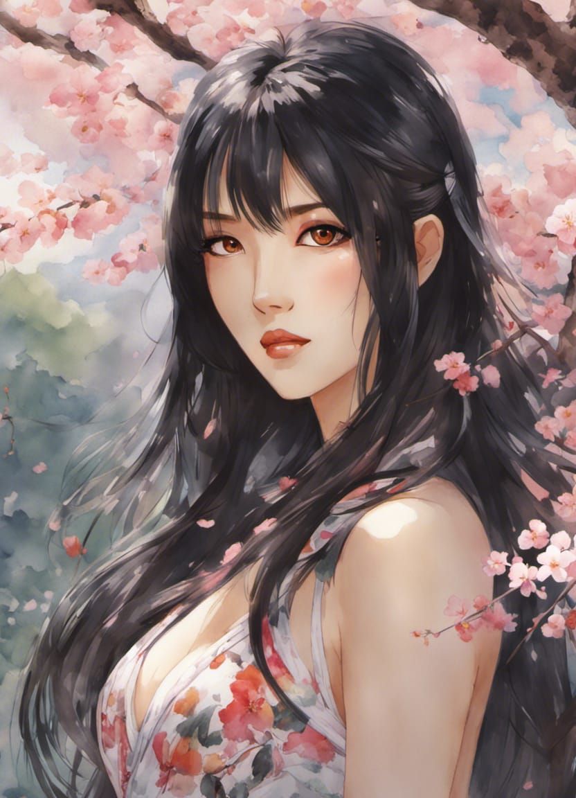 Elegant Anime Woman with Long Hair in Watercolour Style
