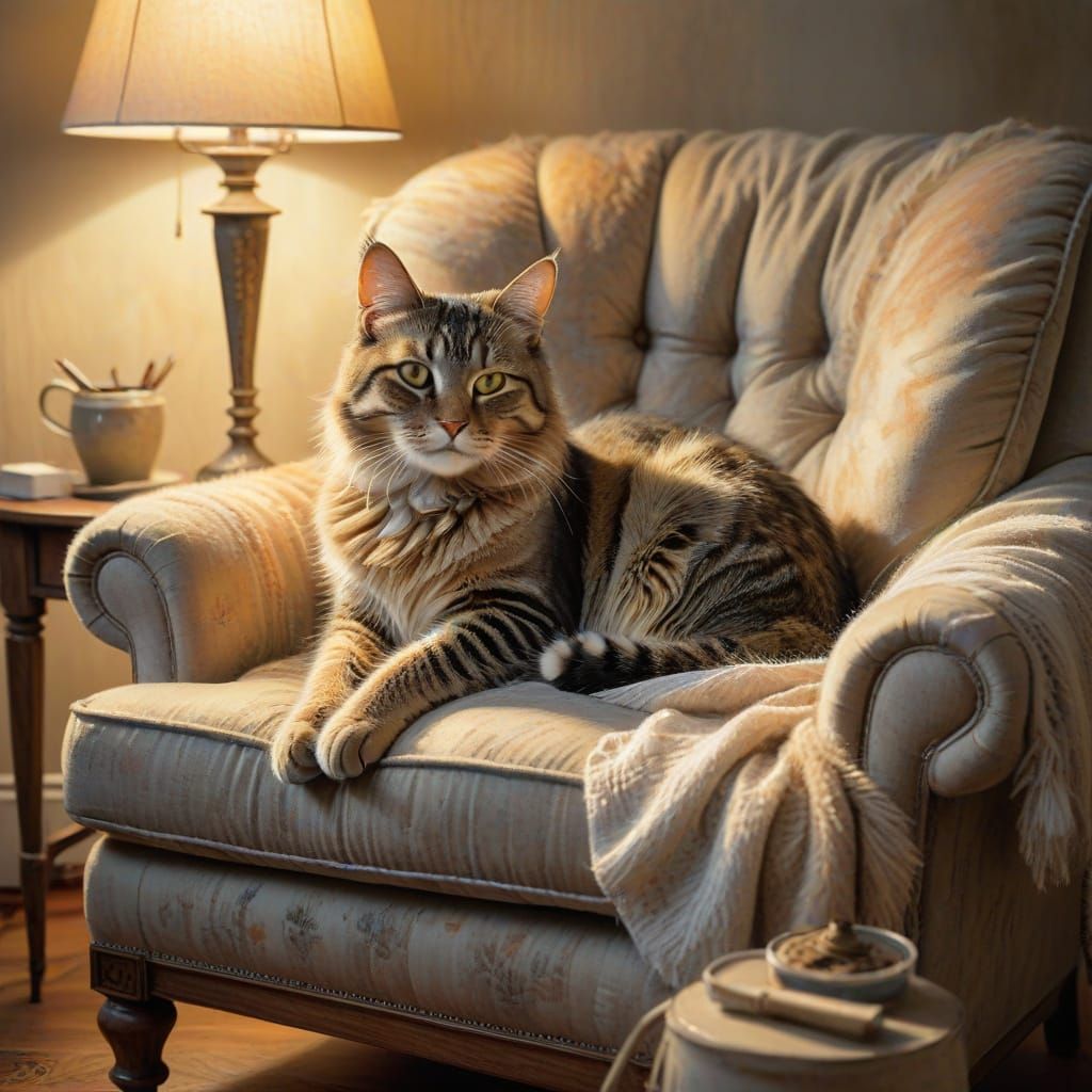 Cozy Tabby Cat in Warm Armchair