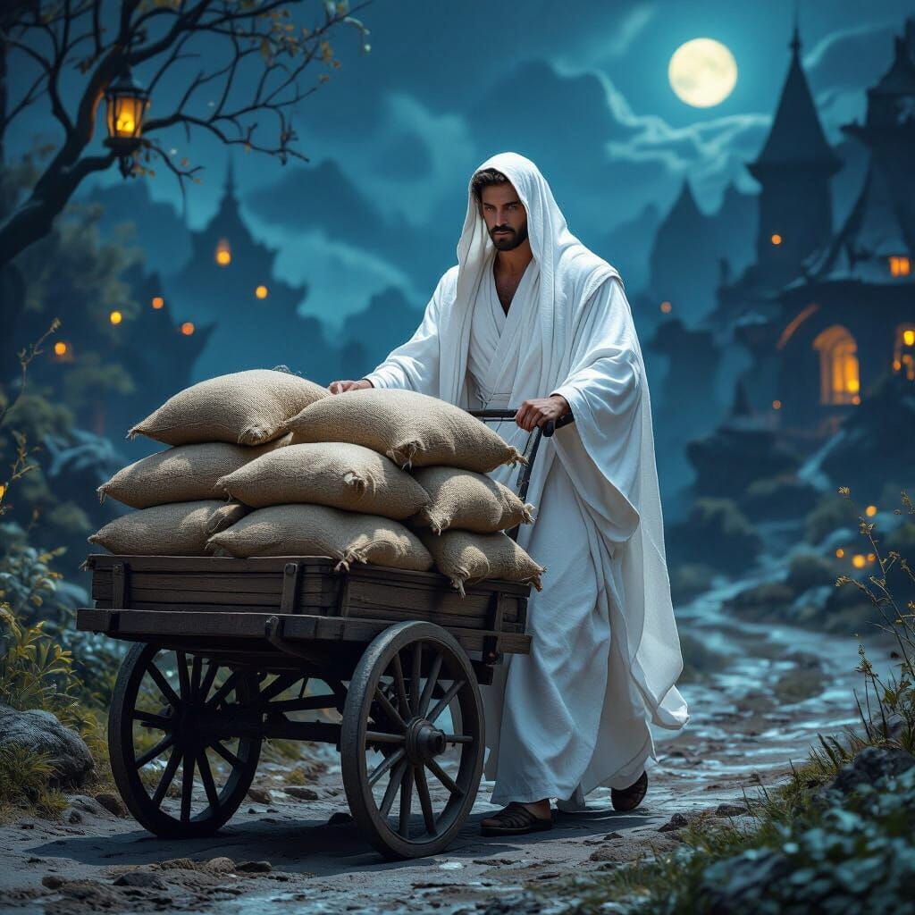 Man in White Robe Pulling Sacks in Mystical Night Landscape