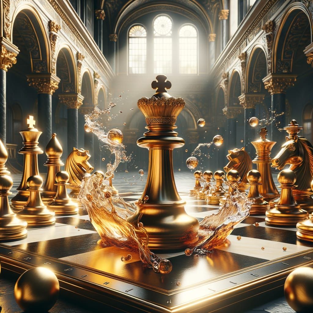Golden Chessboard with Glass King in Dramatic Sunlight