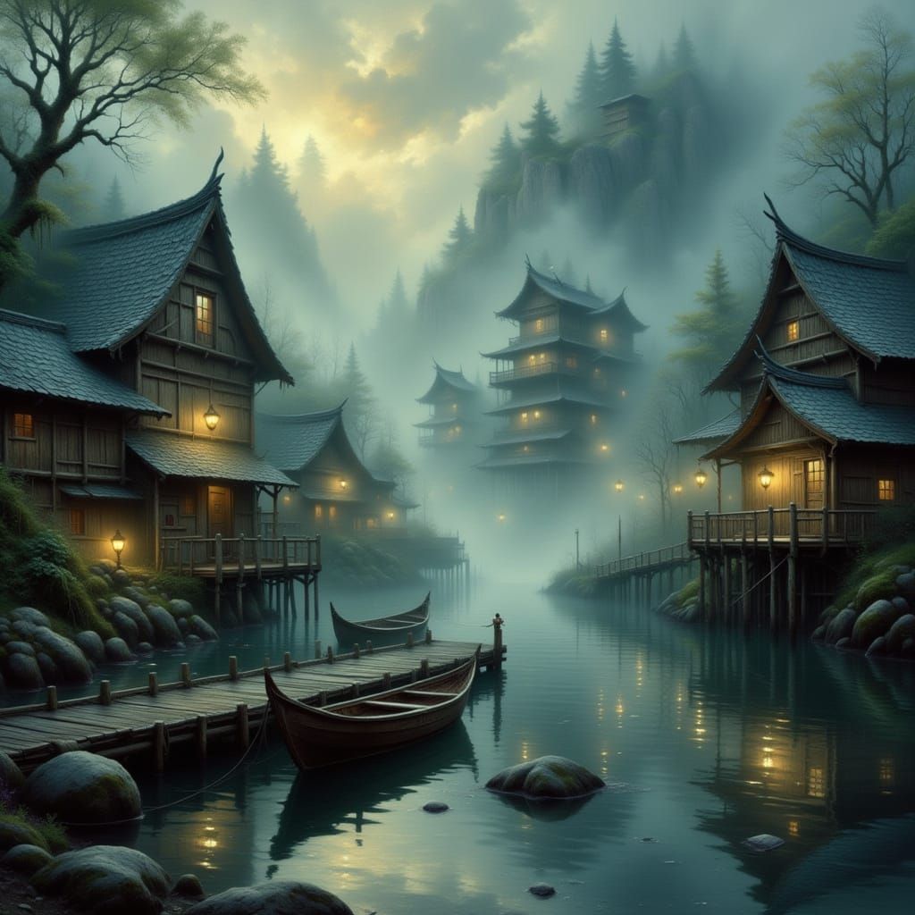 Foggy Fishing Village at Twilight in Painterly Style