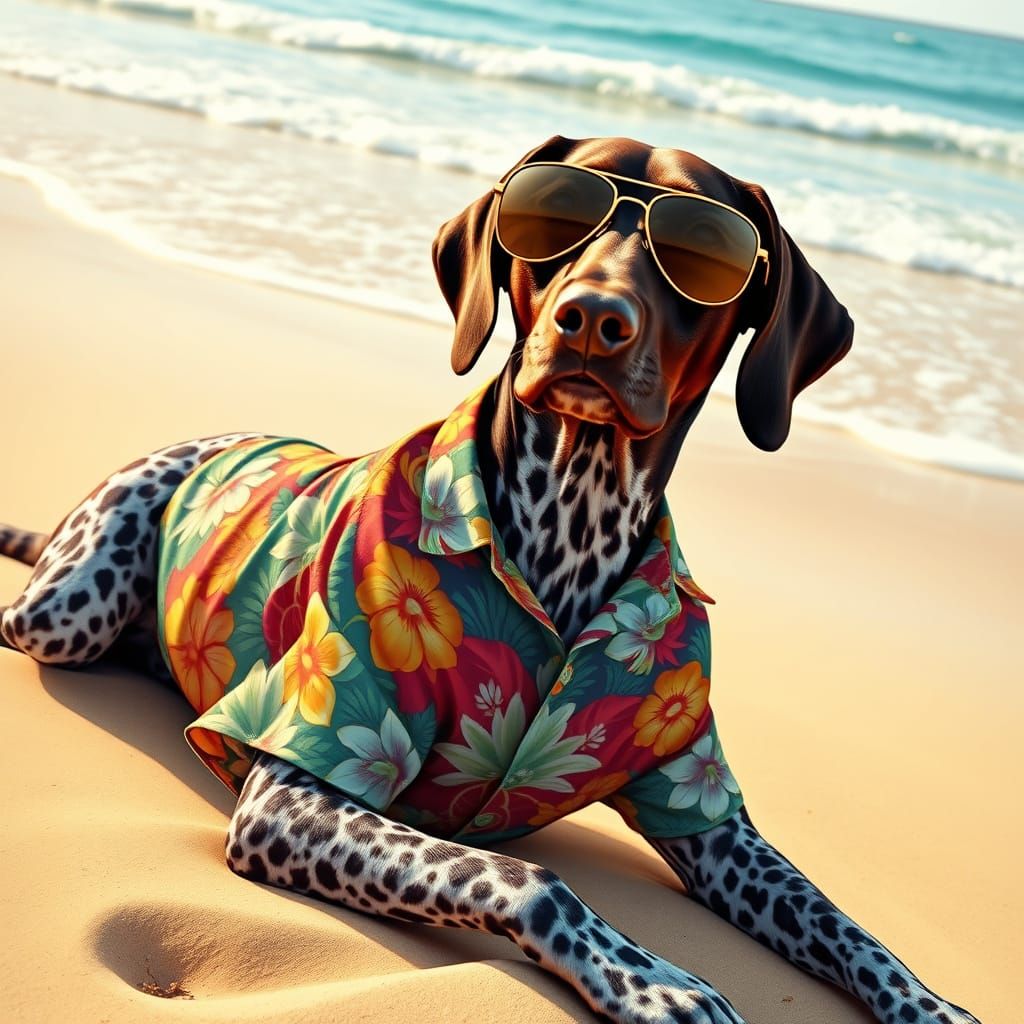 Relaxed German Shorthaired Pointer in Hawaiian Shirt and Avi...