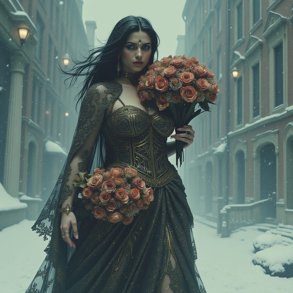 Woman in Snowstorm with Floral Bouquet