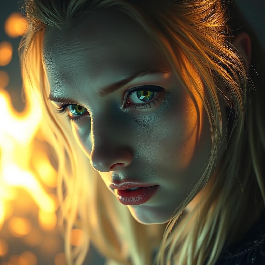 Mysterious Woman with Green Eyes in Fiery Ambiance