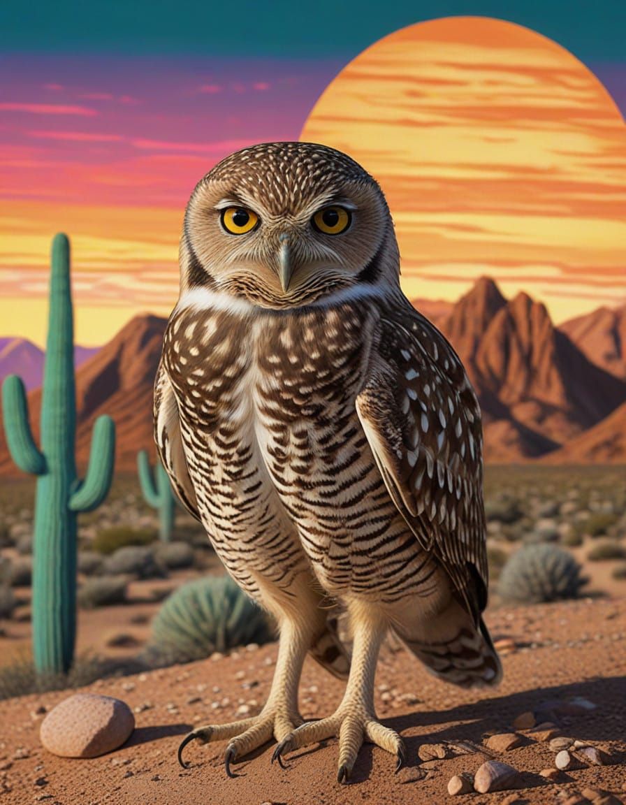 Stylized Burrowing Owls in the Mojave Desert