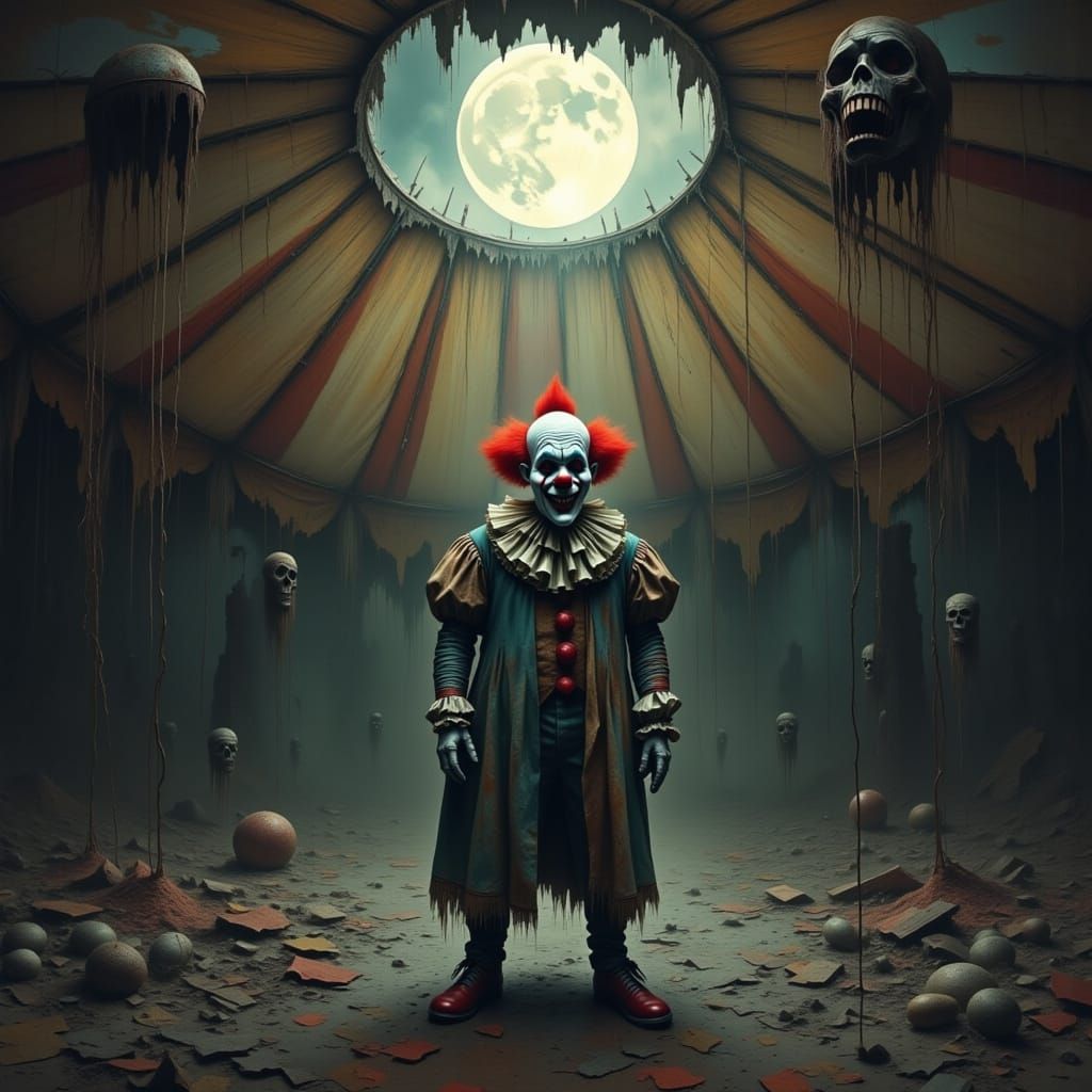 Creepy Clown in Dilapidated Deserted Circus Tent