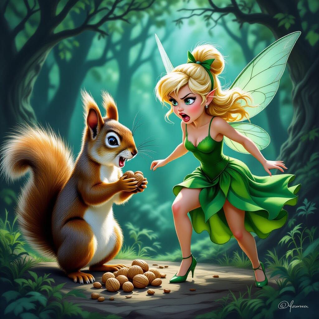 Tinkerbell's Walnut Woes: A Whimsical Forest Scene