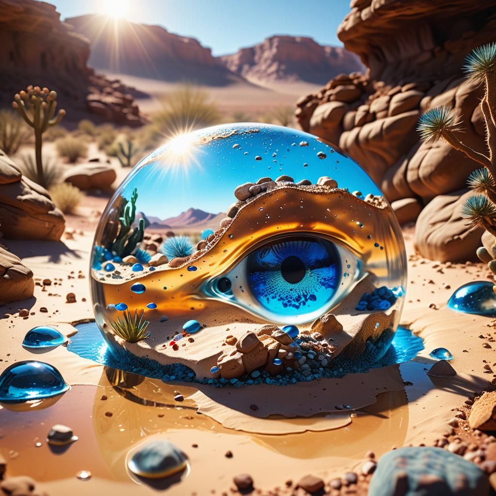 Surreal Desert Aquarium with Piercing Blue Eyes