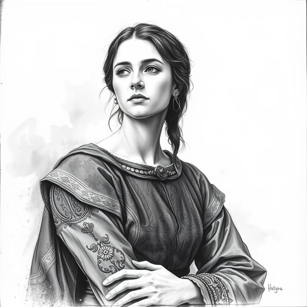 Medieval Woman in Charcoal Drawing Style