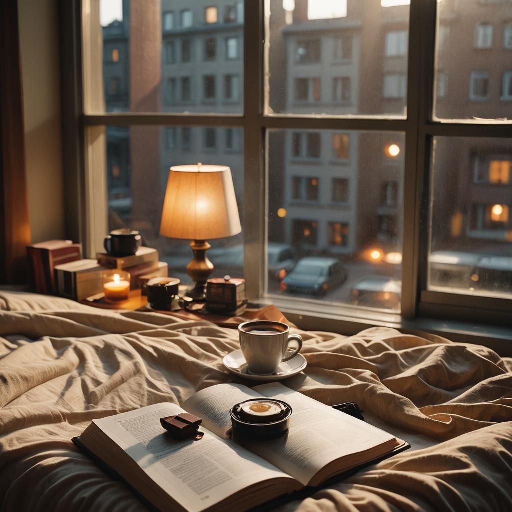 Cozy Morning Scene with Book, Coffee and Chocolate