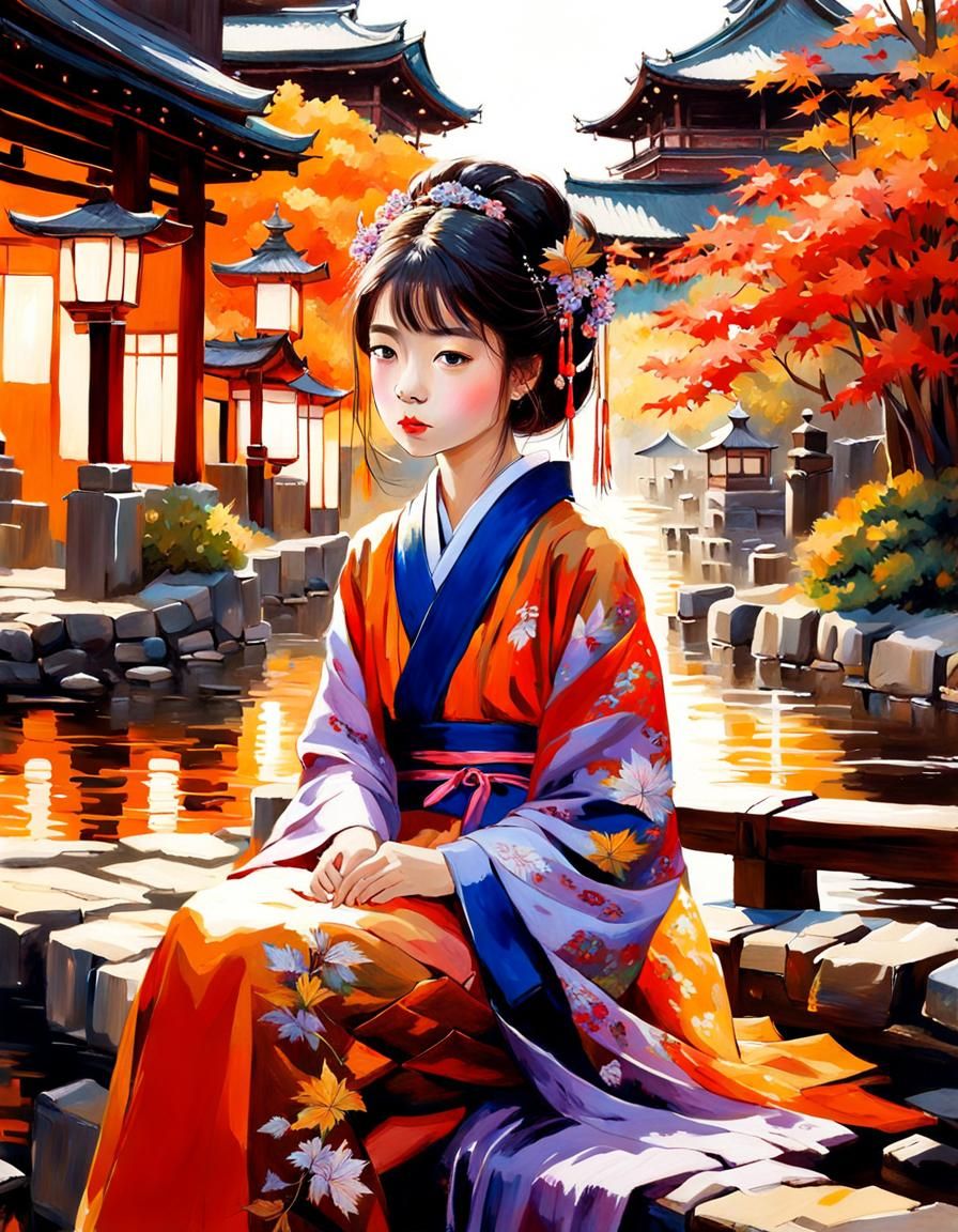 Japanese Princess in Kimono, Vibrant Oil Painting