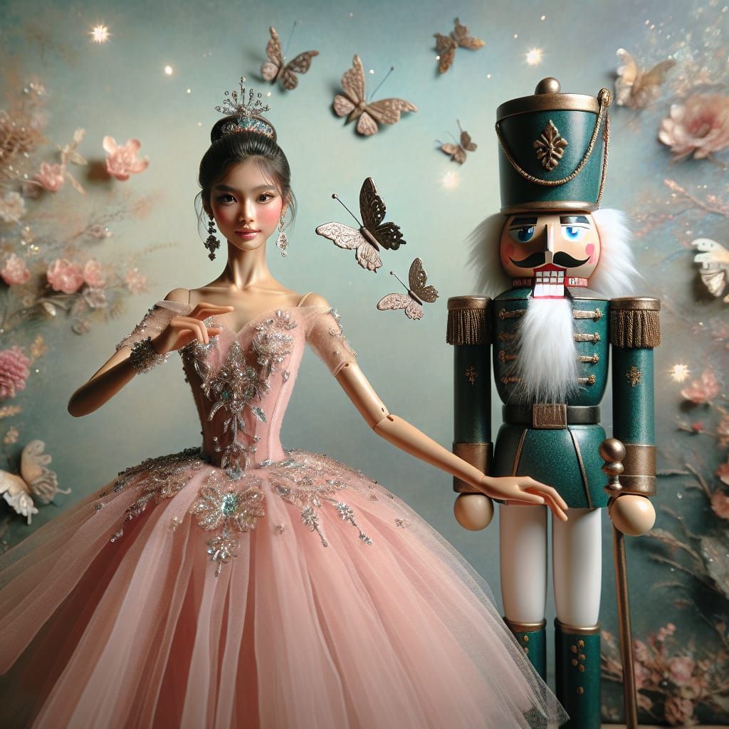 Ballerina and Nutcracker Scene in Elegant Pastel Hues