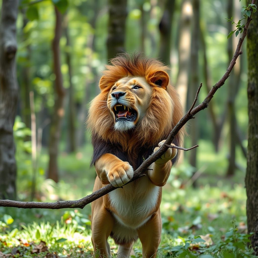 Lion Playing with Branch in Forest