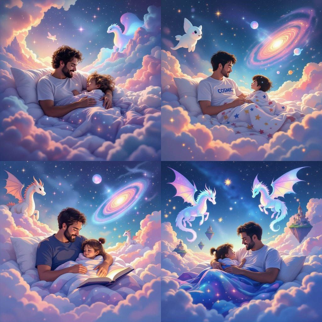 Dreamlike Space: Father and Child Reading Holograms