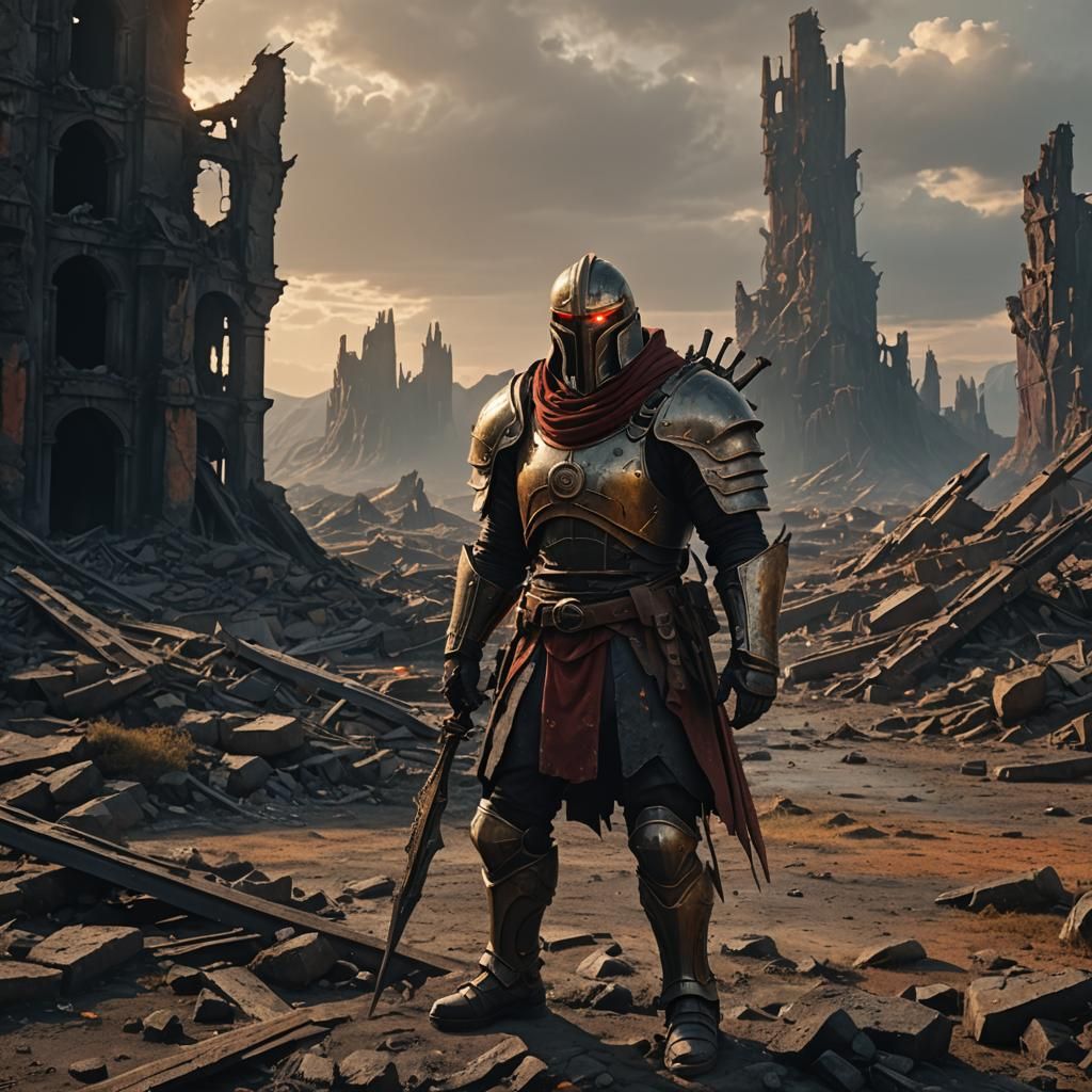 Valgorr: Weary Warrior in Ruined Landscape