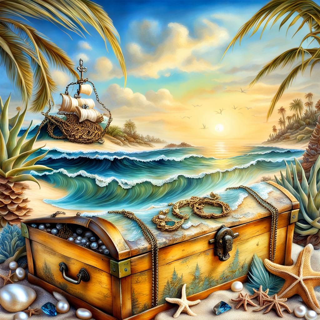 decoupage of an open pirate treasure chest washed ashore fil...