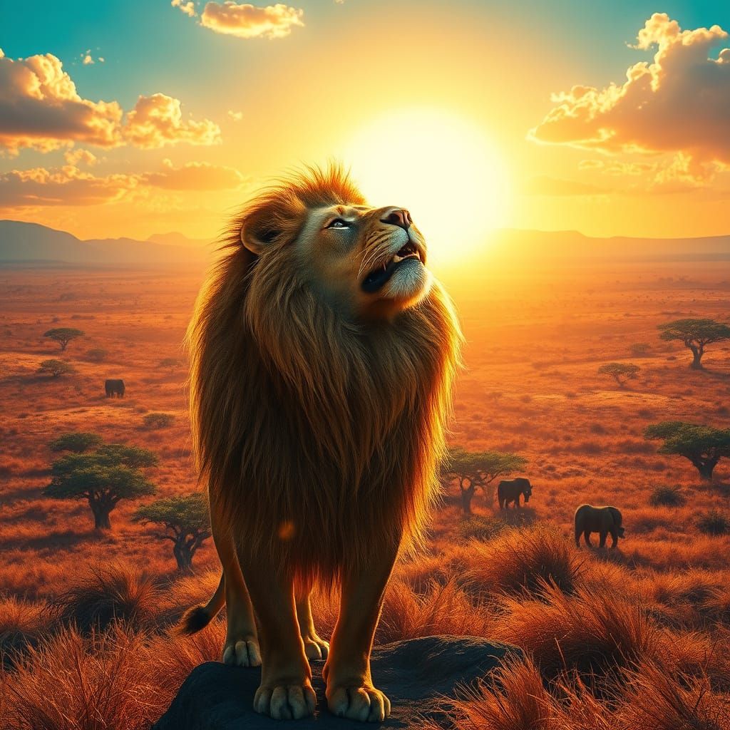 Regal Lion Basks in Golden Savannah Light