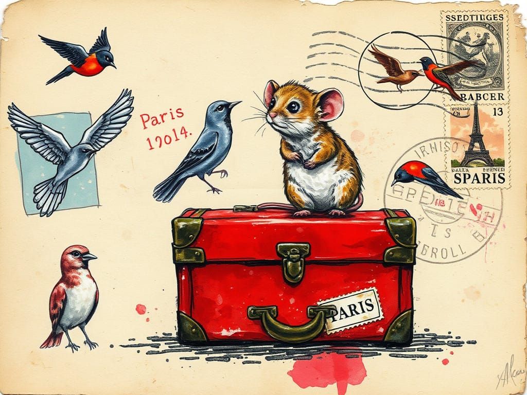 Vintage Parisian Postcard Scene with Mouse