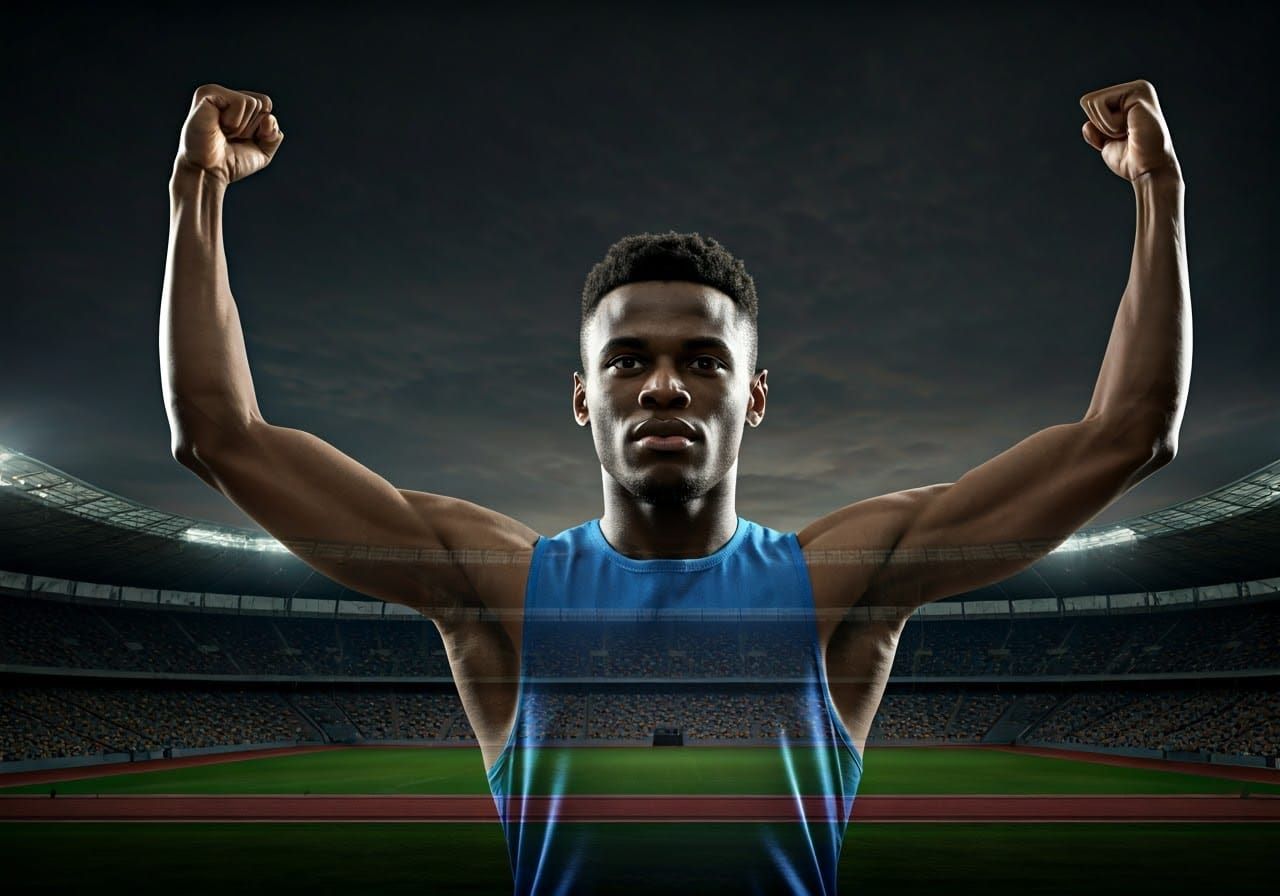 Triumphant Athlete in Stadium at Night