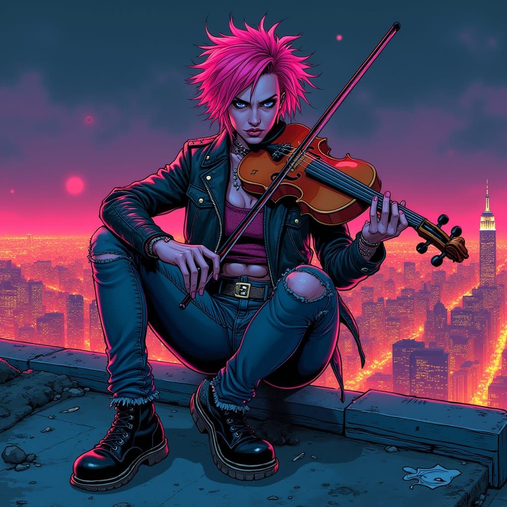Punk Rock Violinist Shreds on Neon City Rooftop