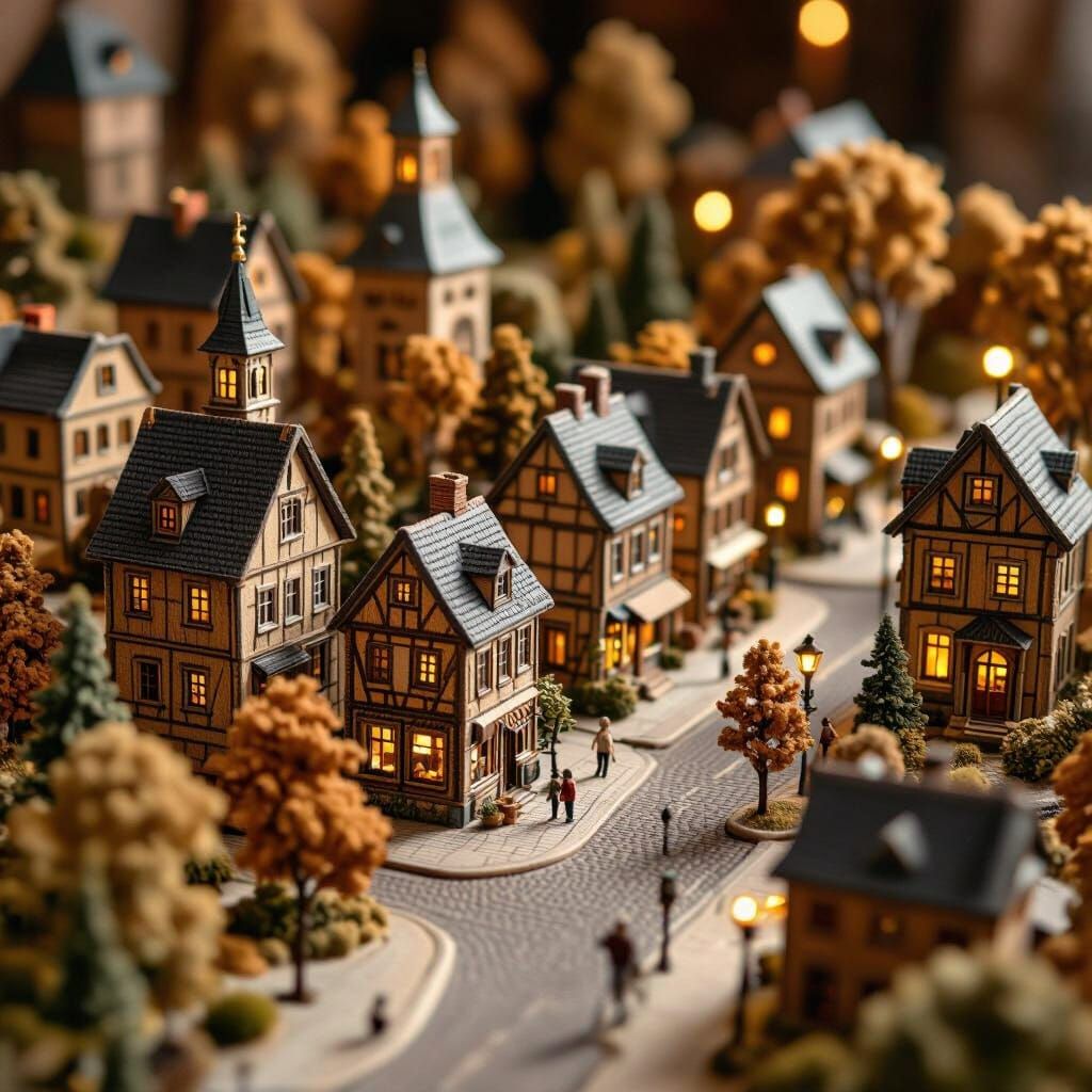 Intricately Carved Miniature Wooden City in Digital Art Styl...