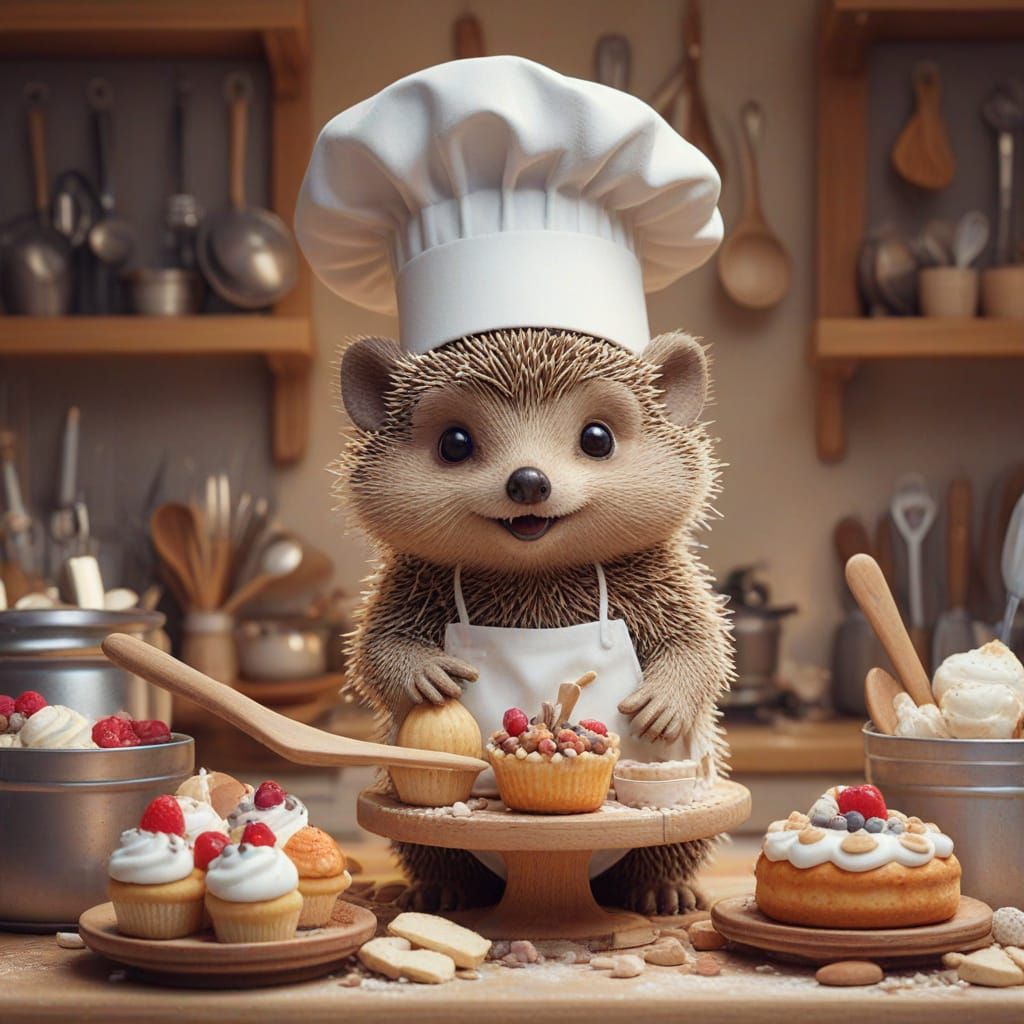 Adorable Hedgehog Chef in Tiny Kitchen: 3D Illustration