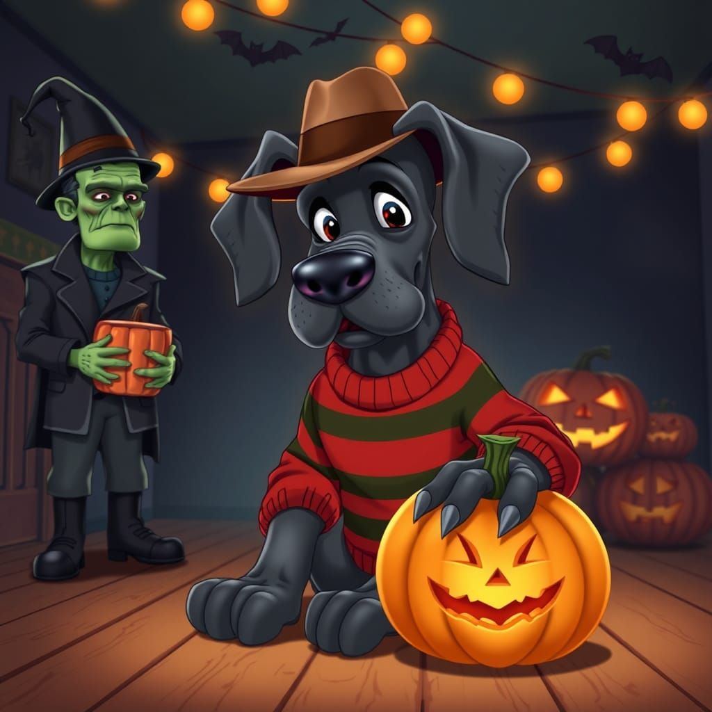 Spooky Cartoon Great Dane as Freddy Krueger
