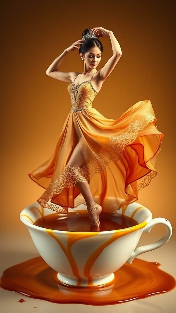Ethereal Ballerina Dances Within Coffee Cup in Molten Carame...