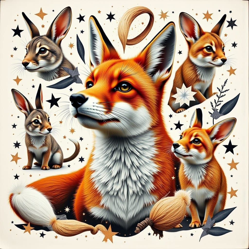 Dada Collage of Rabbits, Mice, and Fox