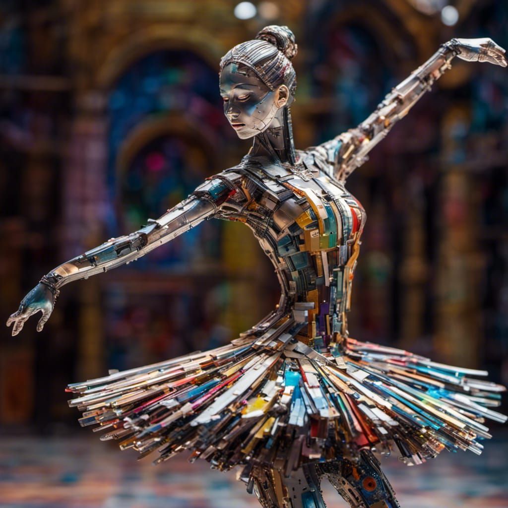 A sculpture of a ballerina dancing to Swan Lake, made from recycled computer parts