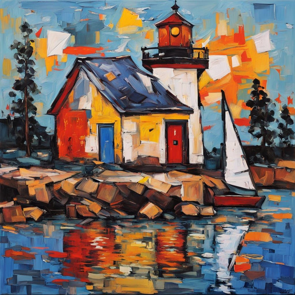 Abstract Lighthouse Painting with Expressionist Collage Back...