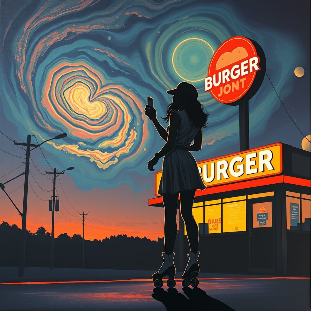 Retro Carhop Gazes at Cosmic Nebula Sky