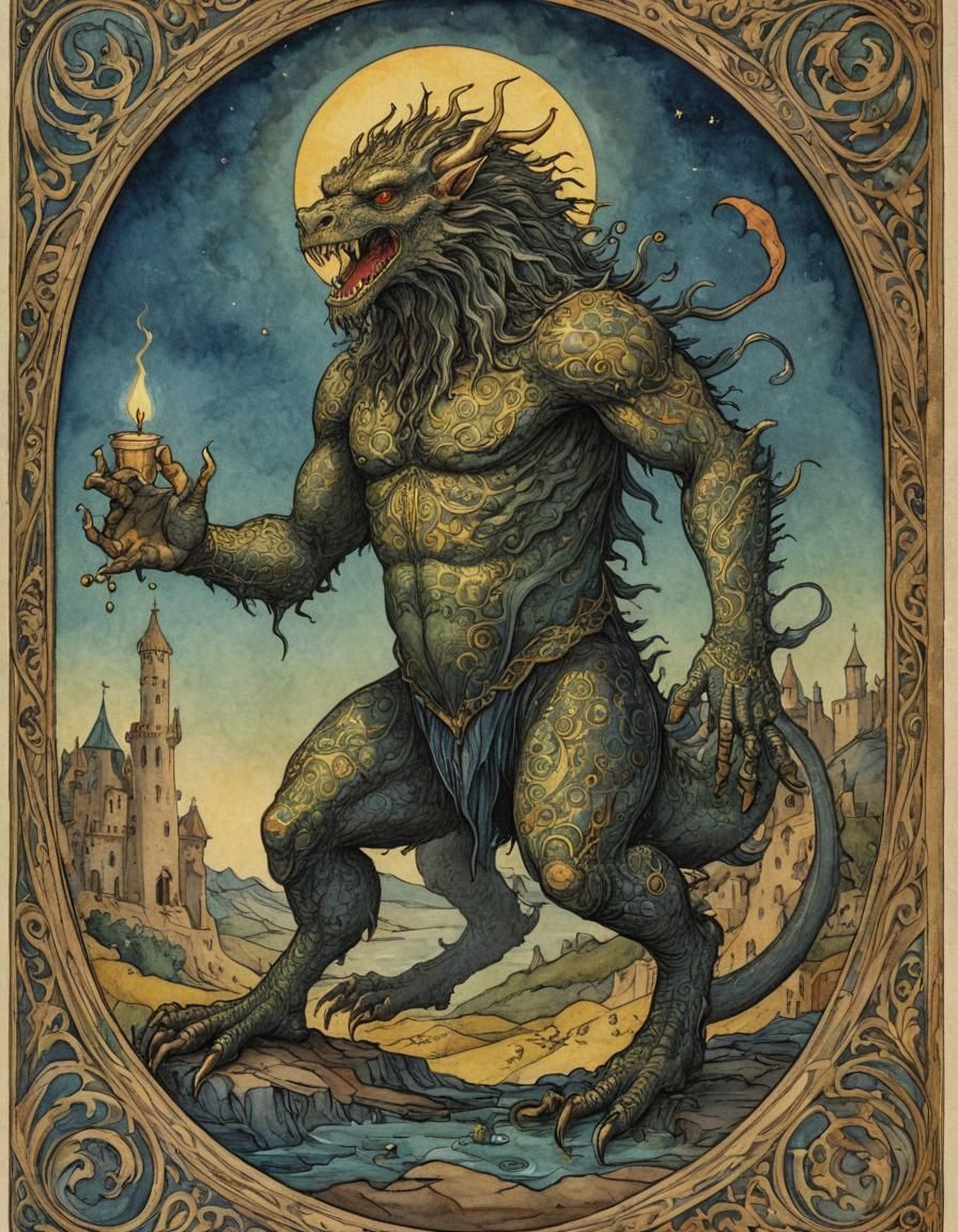 Medieval Tarot Card: Nameless Monster in Renaissance Style