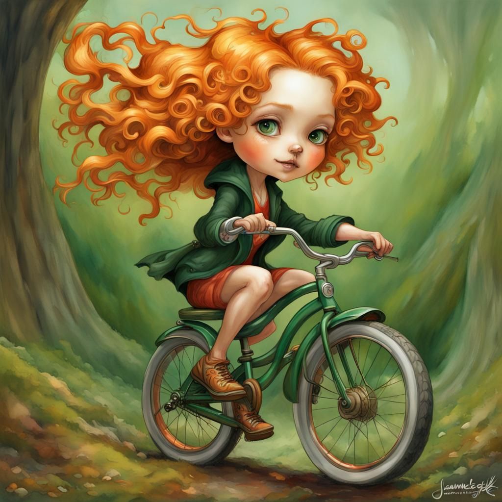 Smiling Woman on Bicycle in Watercolor Style