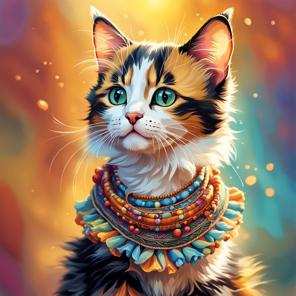 Calico Kitten in Bohemian Garb: Hyperrealistic Digital Art