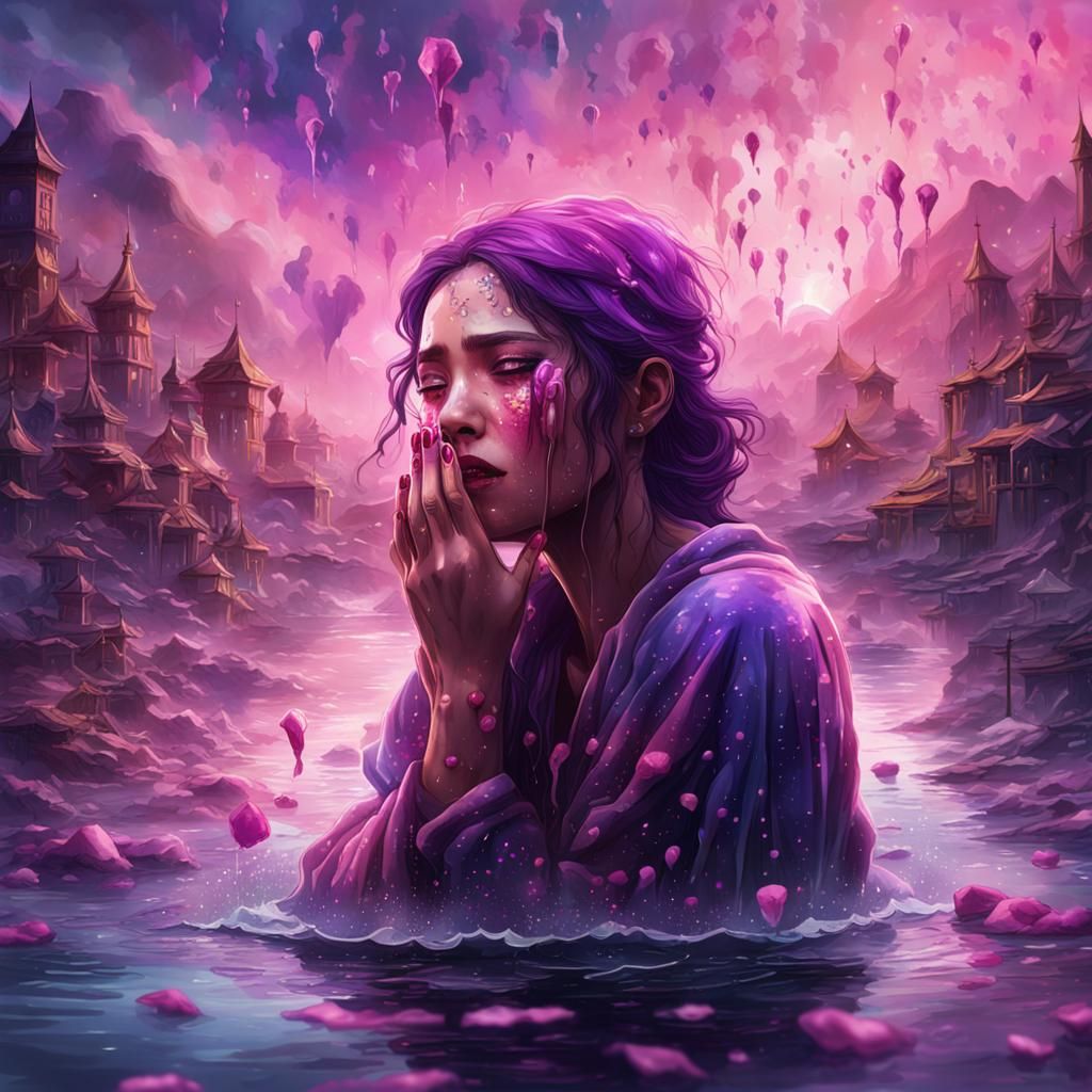 Woman's Tears Become Sky in Watercolor Painting