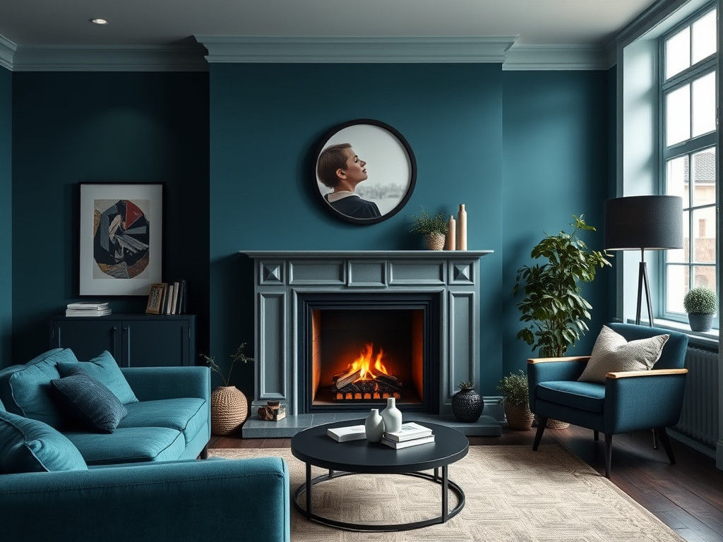 Ultraminimalist Fireplace in Teal and Dark Blue