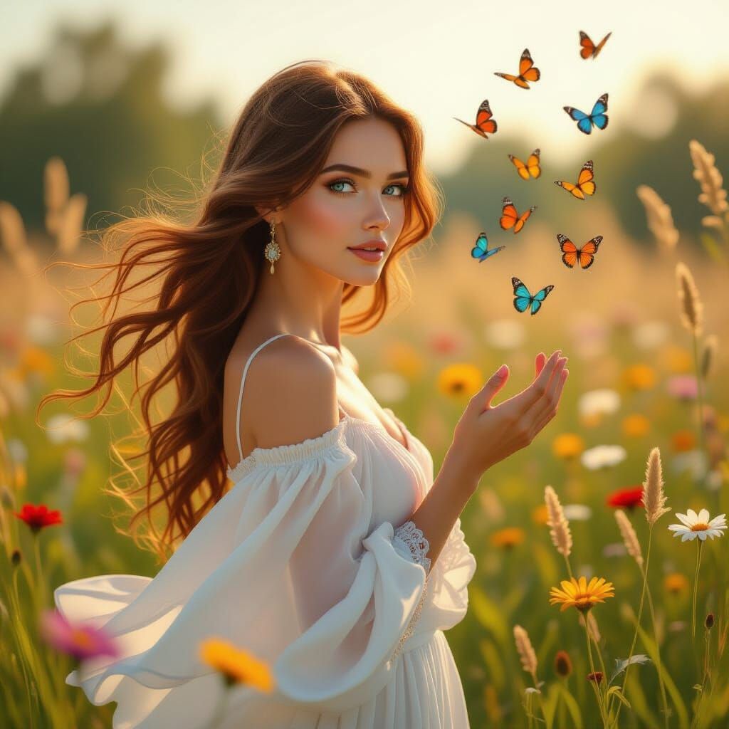Woman in Wildflower Meadow with Butterflies