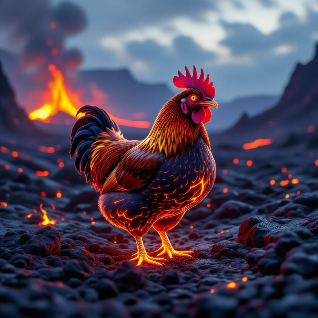Glowing Lava Chicken in Volcanic Landscape