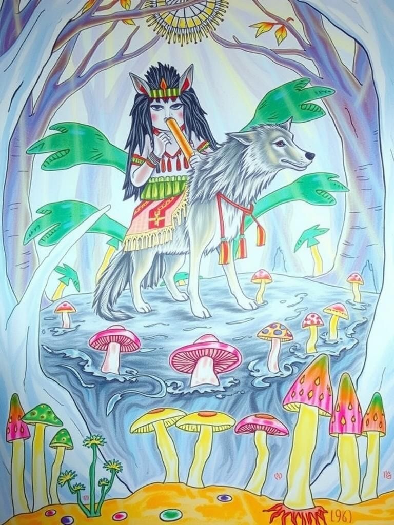 Shaman Rides Wolf Playing Didgeridoo in Forest