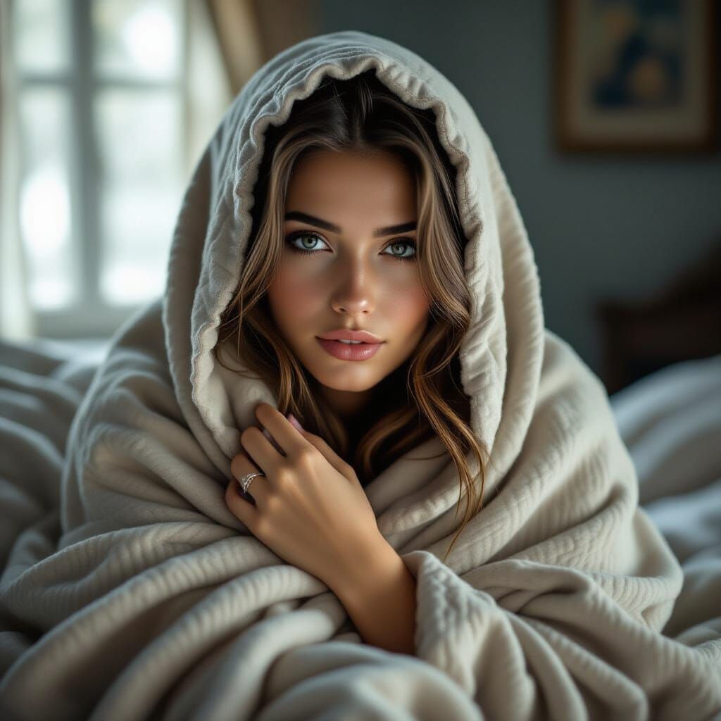 Hyperrealistic Woman Wrapped in Blanket with Soft Lighting