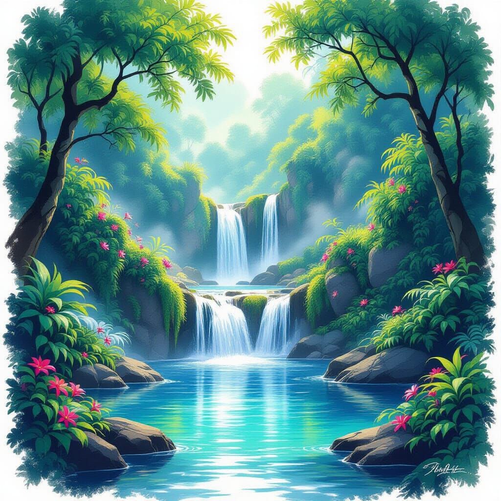 Enchanting Waterfall Landscape in Airbrush Style