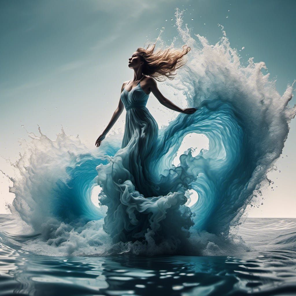 Woman in Ocean Dress: Water-Ink Silhouette