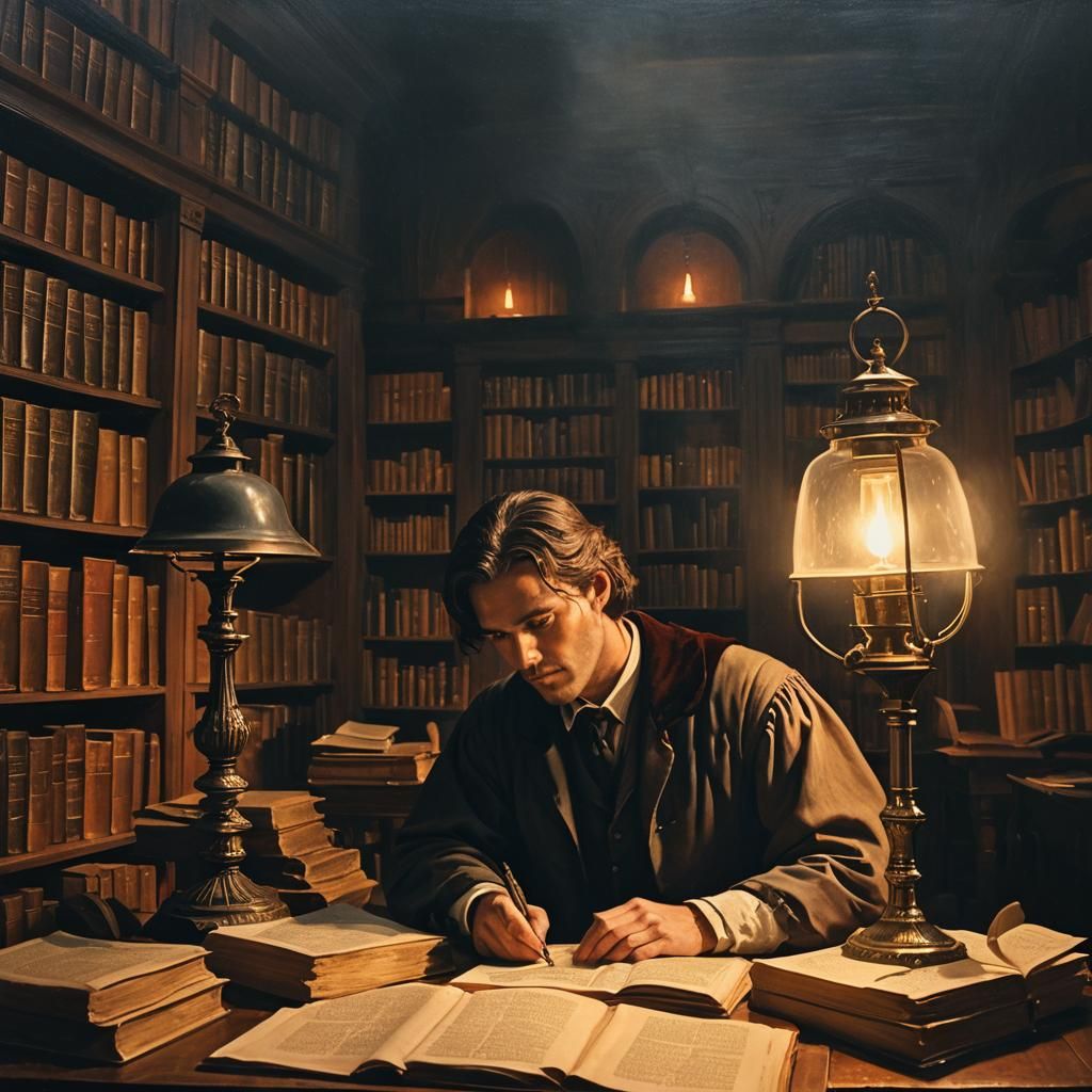 Dark Academia Archivist in Dimly Lit Library