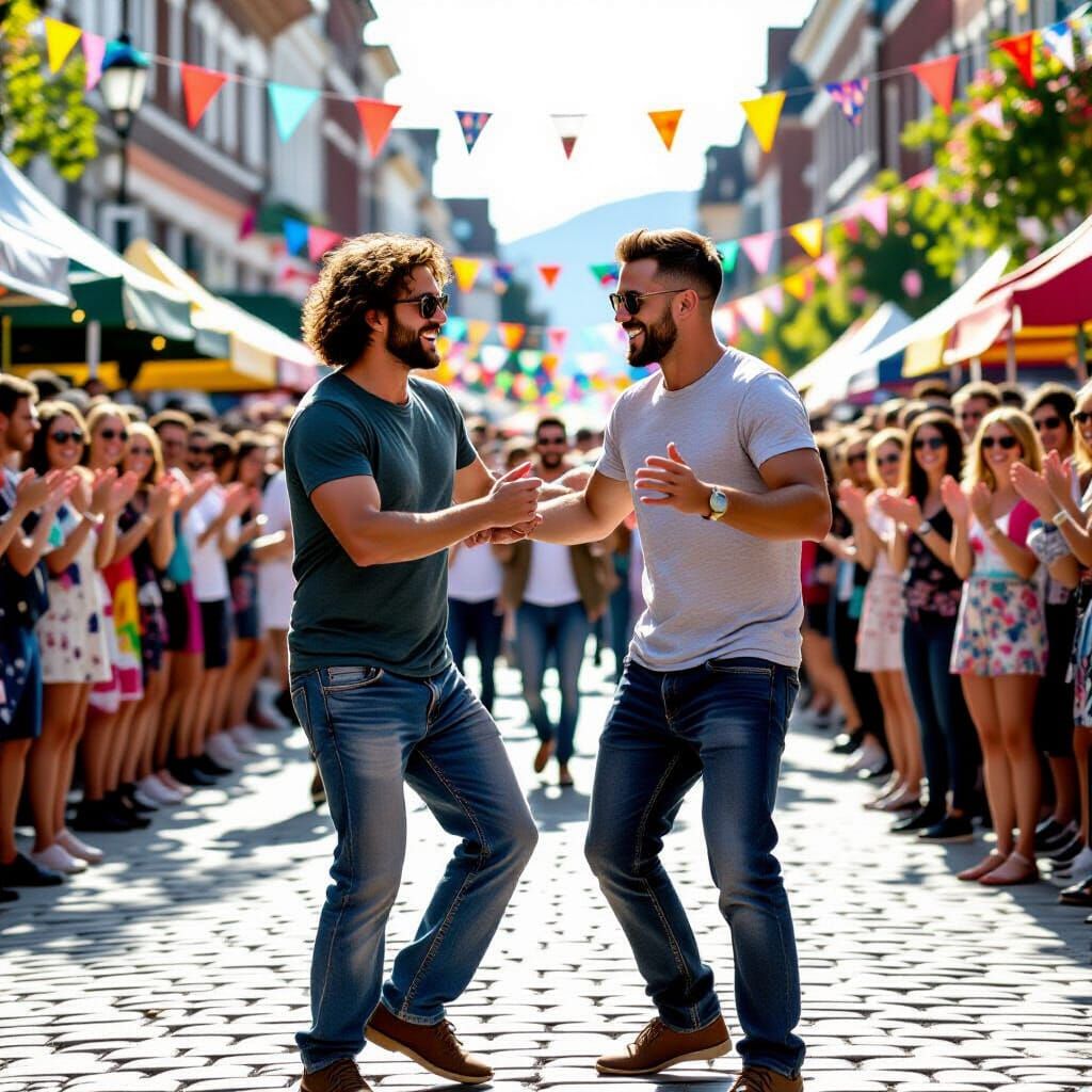 Joyful Gay Couple Dancing at Vibrant Street Festival