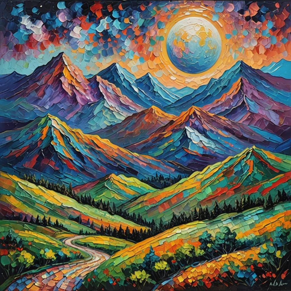 Moonlit Mountain in Neo-Impressionist Oil Painting Style