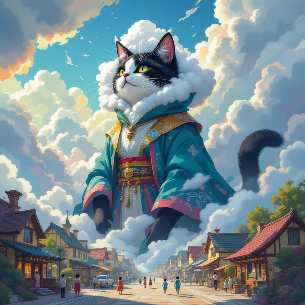 Colossal Whimsical Cat Overlooking Miniature Town