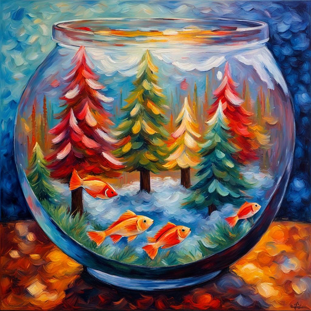 Christmas Scene in Fishbowl as Expressionist Oil Painting