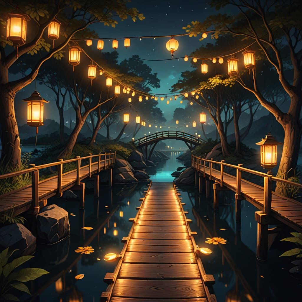 Glowing Wooden Bridge Concept Art at Night