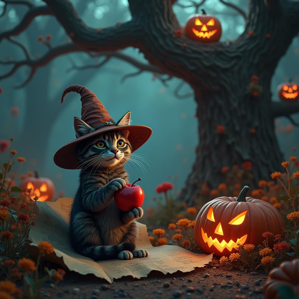 Halloween Cat in Orchard, Fantasy Concept Art